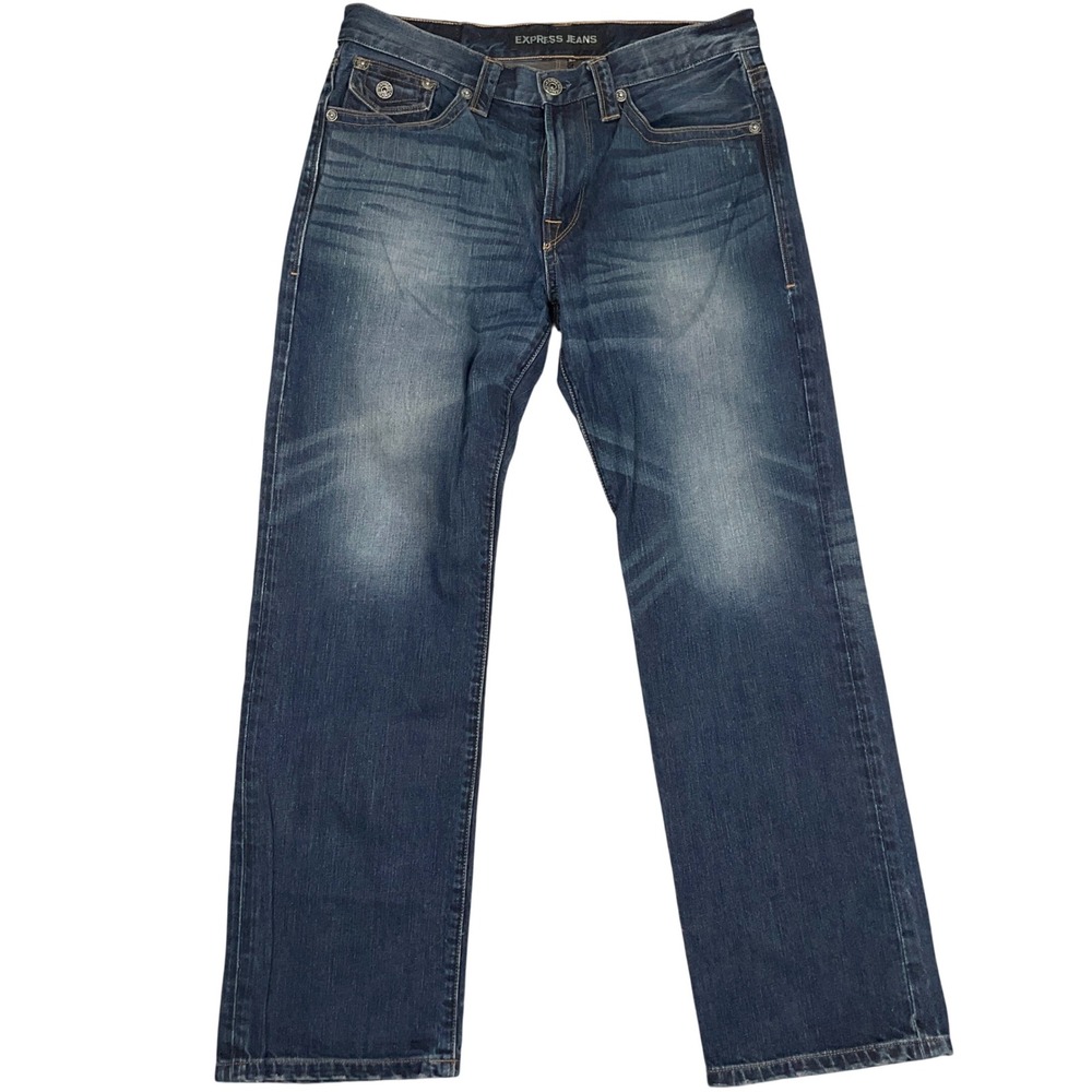 Express Blake Jeans Mens 32W 32L Blue Y2K Distressed Boot Cut Loose Fit Denim
